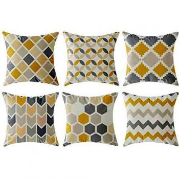 Topfinel Throw Pillow Inserts for Sofa Bed, Yellow & Grey Geometric Print, Microfiber Material, Set of 6, 45cm Square