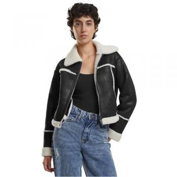 Urban Classics Giacca Shearling Pelle Nera / Sabbia Bianca L