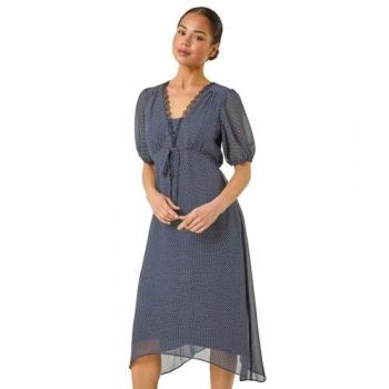 Robe Midi Petite à Pois Bleue avec Nœud en Dentelle