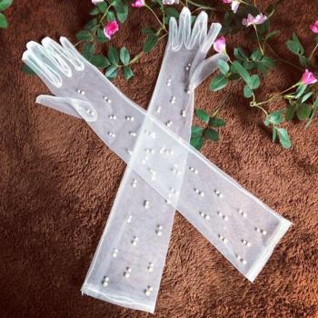 White Pearl-Studded Long Wedding Gloves