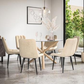 Clear Glass Circular Dining Table, Solid Oak Legs, 6 Beige Velvet Chairs – Malvern