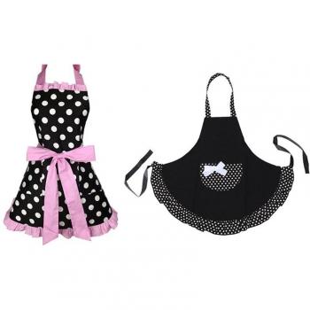 2 Pcs Women's Cotton Polka Dot Cooking Apron Set, Black & Pink
