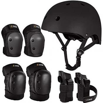 PHZ Schoner Set Knieschoner Inliner Kinder Jugendliche mit Verstellbaren Helm Protektoren Skateboard Helm Set Fahrrad Schützer Sport Schutzausrüstung (Schwarz, L (12-16 Jahre alt))