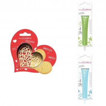 Kit per Biscotti Cuore in Rilievo con Penne di Cioccolato Verde Chiaro e Blu