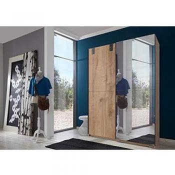 Armoire à portes coulissantes PEGANE – Miroir chêne, poutre décorative, graphite, L135 x H198 x P64 cm