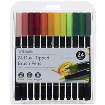 WHSmith Dual Tip Brush Pens – Fine Nib, 24 Pack, Assorted Ink Set