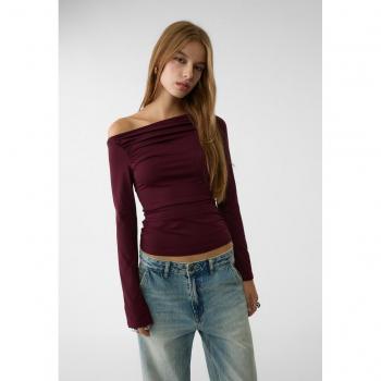 Gathered Long Sleeve T-Shirt Burgundy XS
