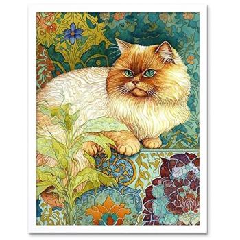 Orange Persian Cat with Flower Motif – Framed Art Print