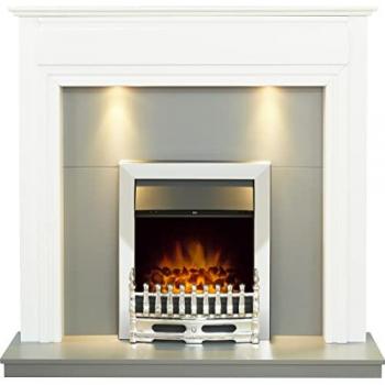 48 Dual‑Color Adam Honley Fireplace – Pure White & Grey, Chrome Blenheim Electric Fire, LED Downlights