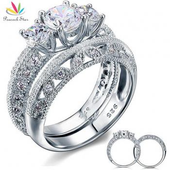 Peacock Star Vintage Victorian 2-Piece Wedding Ring Set 1 Ct Solid Sterling Silver 925