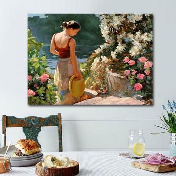 Pittura diamante 5D Signora che ha annaffiato i fiori 20X30CM