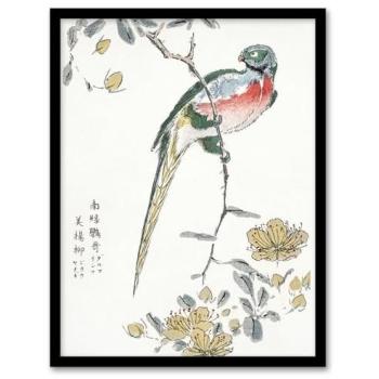 Macaw & Peach Floral Scene – Framed Wall Decor (Japan) – 12 x 16 in. by Numata Kashu