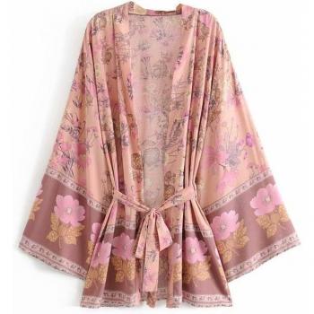 Cardigan chic femme, motif vintage d'automne, ceinturé et évasé