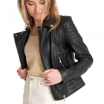 Women's Ribbed Asymmetric Black Leather Jacket by Barneys Originals