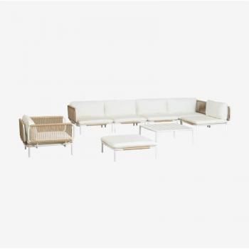 Roubly Jardin Corner Sofa Kit 5 pièces + pouf, fauteuil, table basse – couleur amande