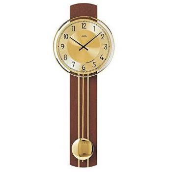 AMS Wanduhr W7115/1 mit Nussbaumfarbenem Holz und Quarz-Pendel, Größe: 22 cm x 7 cm x 60 cm