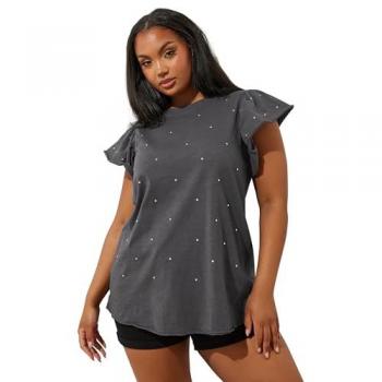 Yours – Modisches Grau‑T-Shirt für Frauen: Curved & Plus Size, Nieten-Ärmel