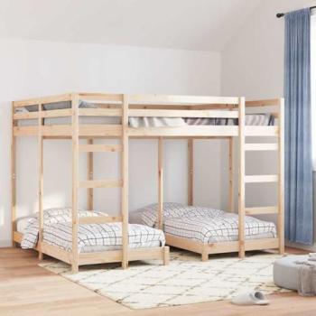 Solid Pine Three-Story Bunk Bed Frame – Brown, 160 × 200 cm