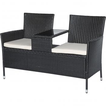 Outsunny 2-Sitzer Polyrattan Gartenbank mit Tisch, wetterfest, Schwarz, B133 x T63 x H84cm