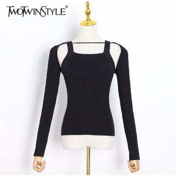 Square Collar Long Sleeve Black Sweater for Women
