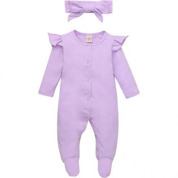 Solid Color Long Sleeve Baby Girl Jumpsuit with Round Collar and Front Button Opening