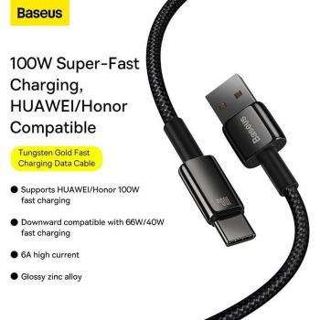 Baseus Cabo de datos de carga rápida de tungsteno chapado en oro, USB a Type-C, 480MB/s, 1m