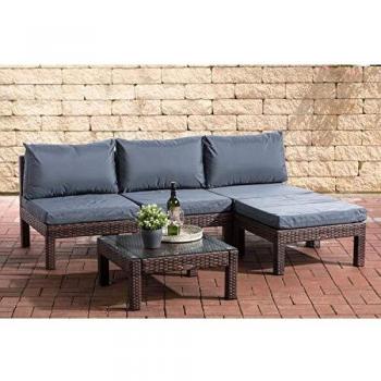 Gartensitzgruppe „Fiji“ CLP: Polyrattan Sofa, Tisch & Hocker (Braun‑Meliert, Eisengraue Polster)