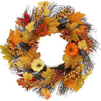 45cm Artificial Pumpkin and Maple Leaf Door Wreath with Berries and Pine Cones
