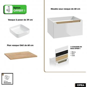 Meuble sous vasque OTITEC blanc-oak 60x30x45 cm – plan inclus, siphon offert