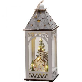 Lanterna LED decorativa Konstsmide con chiesa in legno, timer da 6 ore, 8 diodi a luce bianca calda, funzionamento a batteria per interni