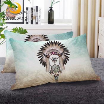 Almohada BlessLiving Lobo, Plumas y Cuentas, Ropa de Cama Gris Verde Azulado, 1 Unidad