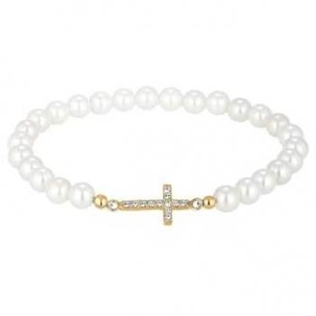 Elli – 1 ct. Kreuz-Armband aus Muschelkernperlen, Weiß Kristalle, vergoldetes 925 Sterling Silber