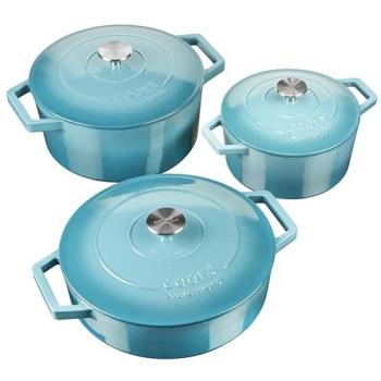 Tri‑Size Teal Cast Iron Oven Pan Set – Lidded, 3 Pieces