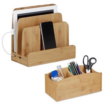 Set di Portaoggetti per Scrivania in Bambù con 4 Scomparti e Ricarica Universale
