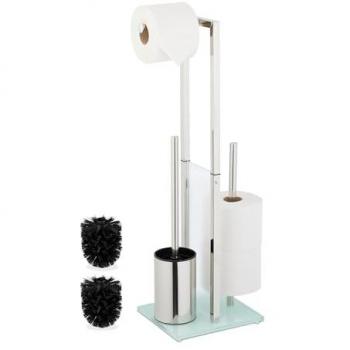 Escobillero y Porta Rollos Relaxdays con accesorios de limpieza en color plata