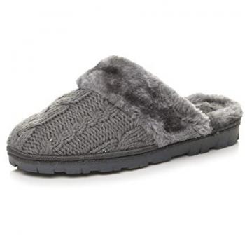 Shimmering Grey Cable‑Knit Heel‑Low Slippers