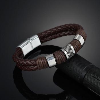 Men's Vintage 316L Stainless Steel and Leather Bracelet with Magnetic Closure