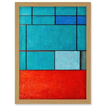 Light Oak Frame A4: Piet Mondrian Style Teal Red Harmony Art Print