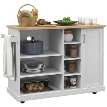 Desserte de cuisine îlot à roulettes multi-rangement MDF blanc avec plateau en bois hévéa verni