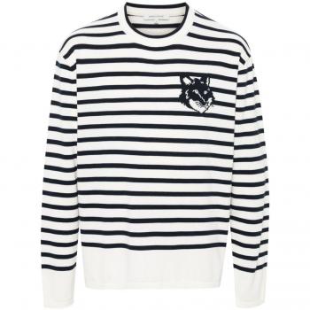 Maison Kitsuné Men's Blue Striped Cotton Sweater with Fox Head