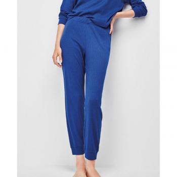 Pantalón Largo Gisela de Mujer en Tejido Grueso de Canalé Azul con Cintura Elástica