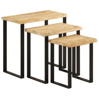 Set de 3 mesas apilables con borde natural madera maciza mango Mesa de sofá