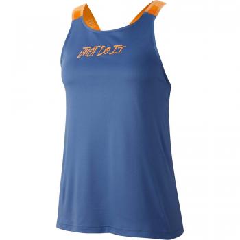 Nike Weiblich Dri‑FIT Elastik Tank „Just Do It“ – Indigo Storm / Fuel Orange – L