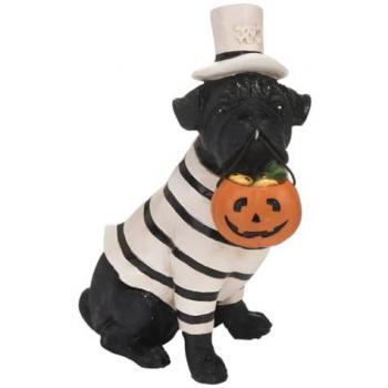 Verkleideter Halloween Mops mit Kürbis Eimer 13cm