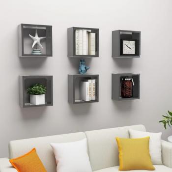 Стенни кубични рафтове, 6 бр, сив гланц, 30x15x30 см