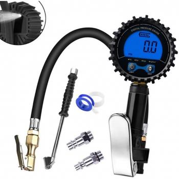 Medidor de presión de neumáticos digital con manguera de goma y clip rápido 200 PSI para coches y camiones
