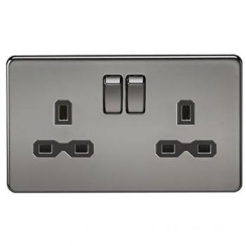 KnightsBridge 13A 2G DP Screwless Black Nickel Electric Wall Socket with Black Insert