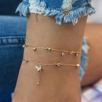 Multilayer Gold Anklets with Butterfly and Heart