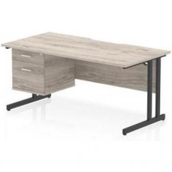 Impulse Grey Oak Scalloped Desk – 1600x800mm, Black Cantilever, Fixed Pedestal