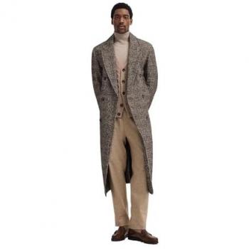 Bugatti Langmantel – Zweifarbiges Glencheck‑Karo, Braun, Herren, Größe 52/80 – Langer Loose‑Fit Mantel
